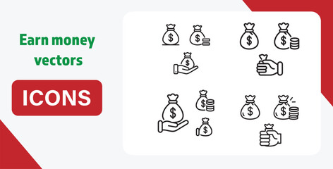 Earn money vectors icon Eps, Money Bag with Hand Line Icon Set &ndash; Finance, Payment, Salary, Investment Symbols