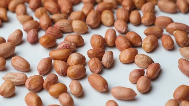 Scattering of raw whole dried peanut kernels on a white background close-up slow motion