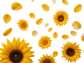 A soft and detailed arrangement of sunflower petals floating freely, isolated for natural and floral designs.