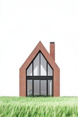 Obraz premium Modern brick house design with large windows stands in lush green grass under a clear sky, showcasing architectural simplicity and harmony with nature