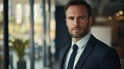 Fototapeta premium Serious businessman in a suit, focused and professional, embodying confidence and leadership in a modern workplace. 