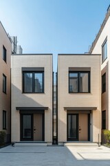 Obraz premium Two modern residential buildings with symmetrical design and large windows located in an urban setting under a clear blue sky during daylight