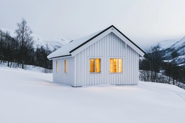 A cozy cabin blanketed in pristine snow radiates a warm, inviting glow amidst a tranquil winter landscape, perfectly capturing the essence of twilight