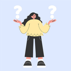 A woman makes choice or decision. Question mark signs. Flat vector illustration on isolated background