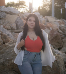 Woman young asian fat chubby cute beautiful model one person standing smile happy fun enjoy relax...