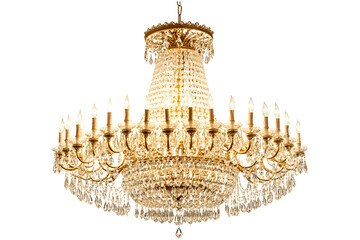 Luxurious crystal chandelier with golden accents and light bulbs isolated on transparent background
