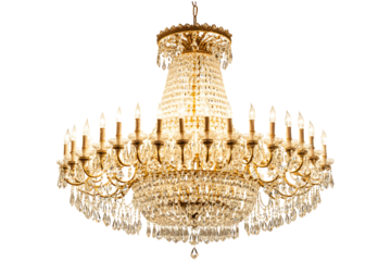 Luxurious crystal chandelier with golden accents and light bulbs isolated on transparent background