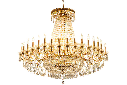 Luxurious crystal chandelier with golden accents and light bulbs isolated on transparent background