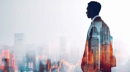 Professional Businessman in Double Exposure Cityscape Background