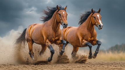 Fototapeta premium Two brown horses running through a field, kicking up dust against a stormy sky