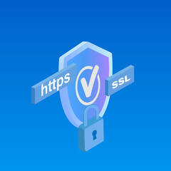 Closed security system. Blue shield with closed padlock and check mark sign. Security guard symbol. Safe and secure web browsing. Safe internet technologies, protected data. Security icon.