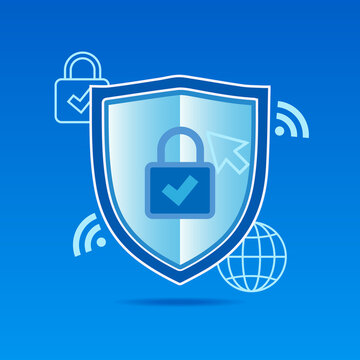 Closed security system. Blue shield with closed padlock and check mark sign. Security guard symbol. Safe and secure web browsing. Safe internet technologies, protected data. Security icon. 