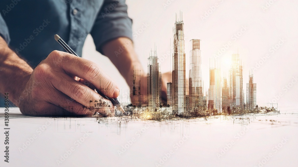 Poster architectural design process with hands creating 3d building model