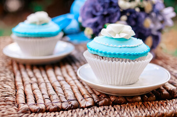 Elegant Purple Flower Bouquet and Blue Cupcakes Arrangement Outdoors