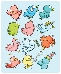 Funny and cute colorful bird cartoon illustration set