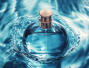 Luxury perfume glass bottle with light blue liquid with gold cap standing on blue water surface