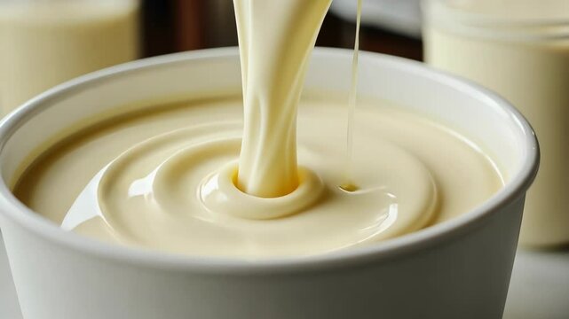 Creamy white sauce being poured into a white bowl, smooth liquid creating circular patterns, food preparation, smooth and rich texture.
