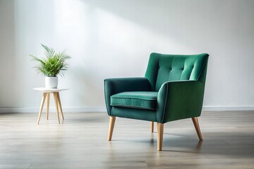 Fototapeta premium Green Velvet Chair in Minimalist Studio Setting, Showcasing Modern Elegance and Simplicity