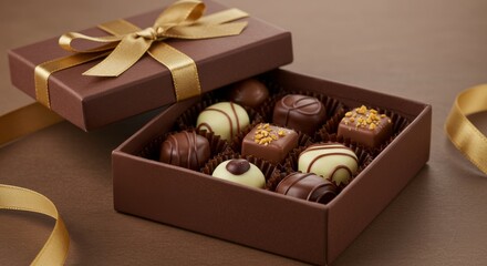 Elegant Box of Assorted Chocolates - A beautiful brown box tied with a gold ribbon, filled with an assortment of delicious-looking chocolates. Perfect for gifting