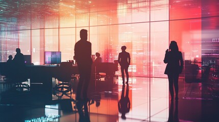 Businesspeople Collaborating in Modern Office Environment at Sunset