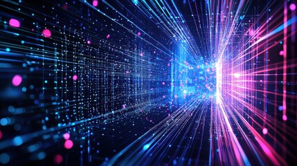 Naklejka premium A vibrant digital tunnel of lights and lines representing data flow, showcasing a futuristic and abstract visual concept.