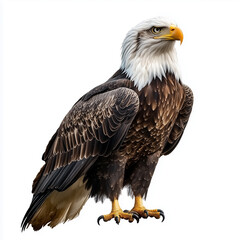 Realistic illustration of a full-size bald eagle, with sharp claws, brown feathers and a white head, on a white background.