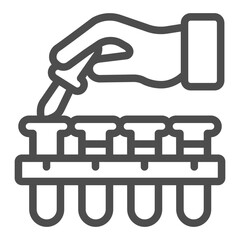 Flasks and hand with pipette line icon, medical research concept. Vector graphics. Medical test, laboratory sign on white background, outline style icon for mobile or web design.