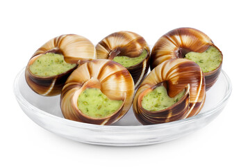 escargot snail filled with garlic and parsley butter in glass bowl isolated on white background