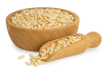 Shelled European pine nuts in wooden bowl and scoop isolated on white background with full depth of field