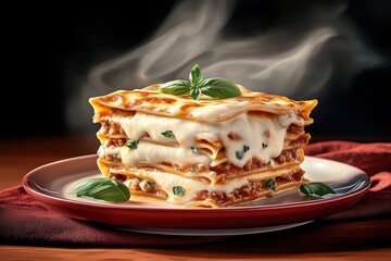 Steaming piece of beef lasagna with layers of tender pasta, bechamel, bright tomato sauce, topped with golden-brown mozzarella crust, decorated with basil leaves, placed on rustic ceramic plate