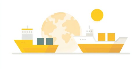 Import Tariffs policy impact concept. Shipping vessels against a stylized globe and sun backdrop.