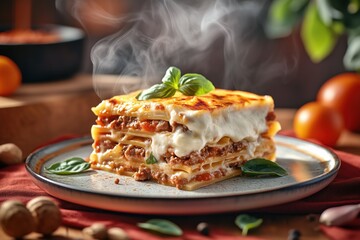Fototapeta premium Steaming piece of beef lasagna with layers of tender pasta, bechamel, bright tomato sauce, topped with golden-brown mozzarella crust, decorated with basil leaves, placed on rustic ceramic plate 