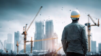 Civil Engineer Observing Skyscraper Construction with Cranes