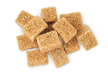 brown sugar cubes isolated on white background. Top view, flat lay