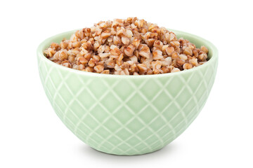 Boiled buckwheat in a ceramic bowl isolated on white background
