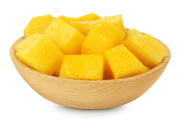 mango diced in wooden bowl isolated on white background with full depth of field