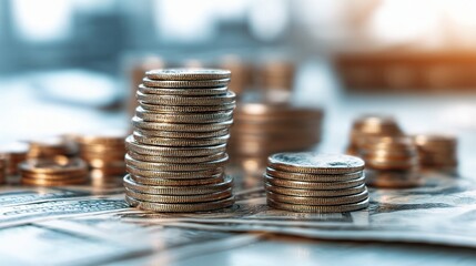 Double Exposure of Rows of Coins and Cash on a Table Surface