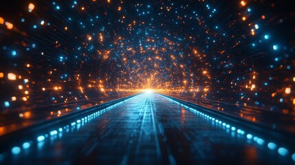 Abstract Data stream tunnel with bright lights converging to a glowing horizon