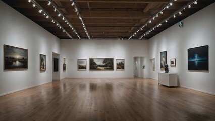 Art gallery interior with classic paintings on white walls