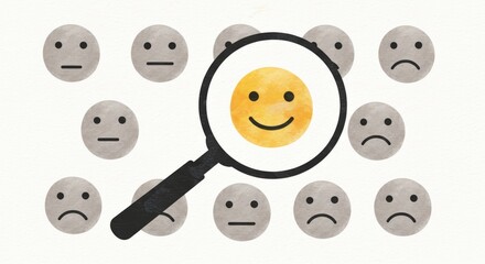 Finding Happiness Amidst Negativity - A magnifying glass focuses on a single happy face among many unhappy ones, highlighting the importance of positive thinking and finding joy