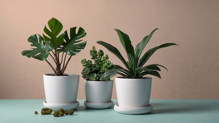 Obraz premium Three potted indoor plants on mint and beige background