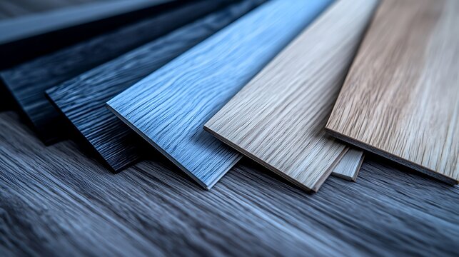 Wood flooring samples of various colors and textures are arrayed on a matching floor