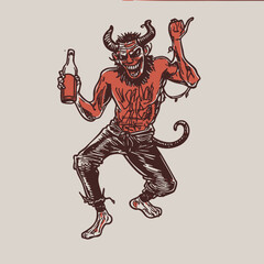 Obraz premium Cartoon Red Devil – Horned Demon Holding a Can or Bottle in a punk illustrative style design illustration vector tattoo