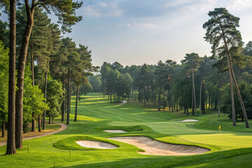 a scenic landscape with a lush green golf course