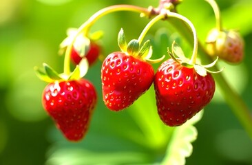 Close-up of several strawberries on a branch on a bright sunny day. 