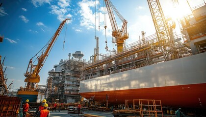 Shipbuilders working on large ship with cranes in dry dock at sunset