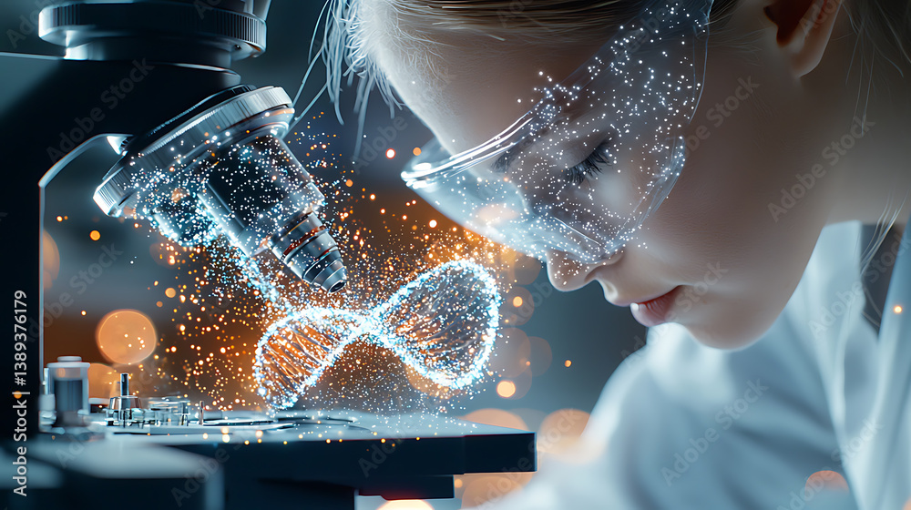 Poster exploring science through a microscope laboratory digital art modern setting close-up view innovatio