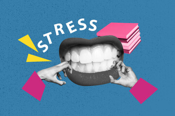 Composite sketch design artwork 3D photo collage of stress mouth teeth grimace stress pile book...