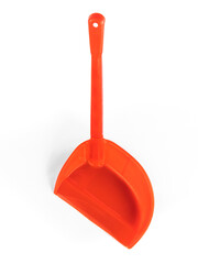 A red plastic dustpan with an ergonomic long handle, isolated against a white background. Ideal for waste collection, janitorial services, and household maintenance.