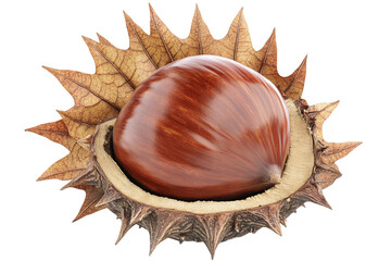 Isolated Photo Of A Shiny Chestnut In Its Shell On A Transparent Background